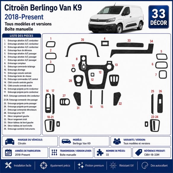 Citroën Berlingo Van K9 2018-Present 3D Sada Dekorov Interiéru Palubnej Dosky 33-dielna Manuálna Prevodovka