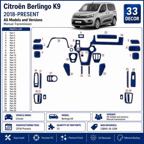 Citroën Berlingo K9 2018-Present 3D Sada Dekorov Interiéru Palubnej Dosky 33-dielna Manuálna Prevodovka