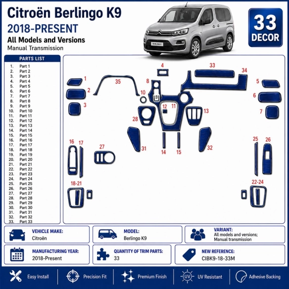Citroën Berlingo K9 2018-Present 3D Sada Dekorov Interiéru Palubnej Dosky 33-dielna Manuálna Prevodovka