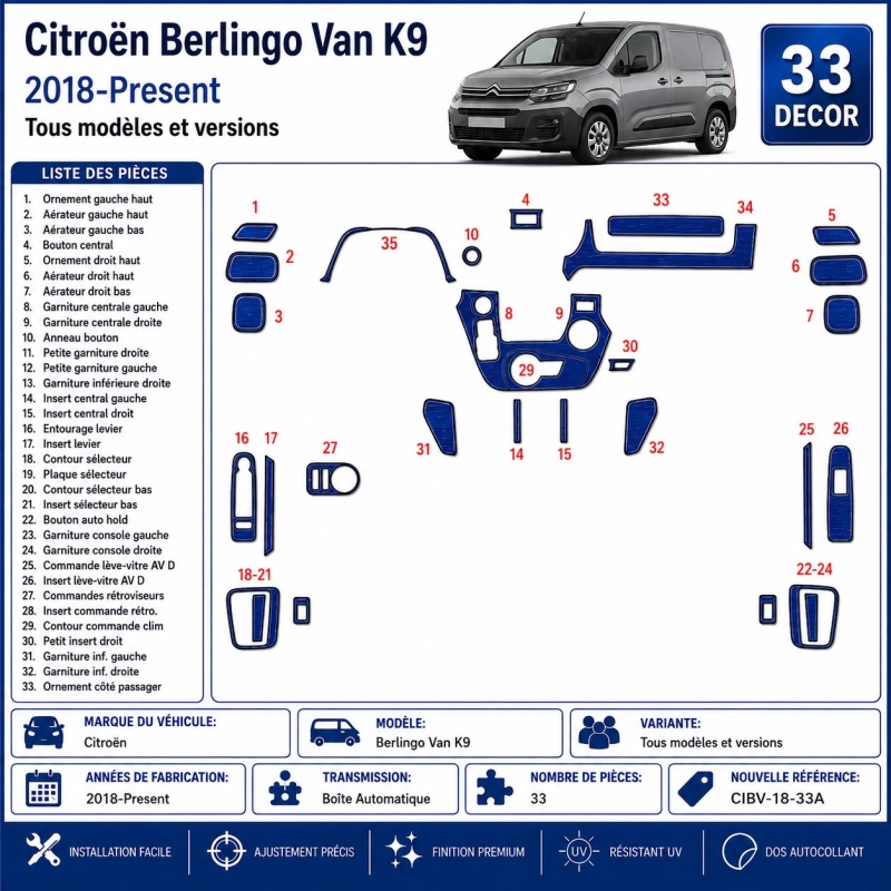 Citroën Berlingo Van K9 2018-Present 3D Sada Dekorov Interiéru Palubnej Dosky 33-dielna Automatická Prevodovka
