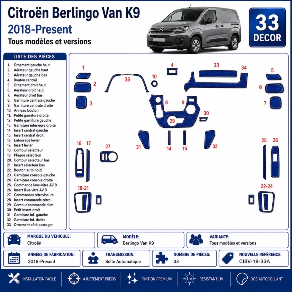 Citroën Berlingo Van K9 2018-Present 3D Sada Dekorov Interiéru Palubnej Dosky 33-dielna Automatická Prevodovka