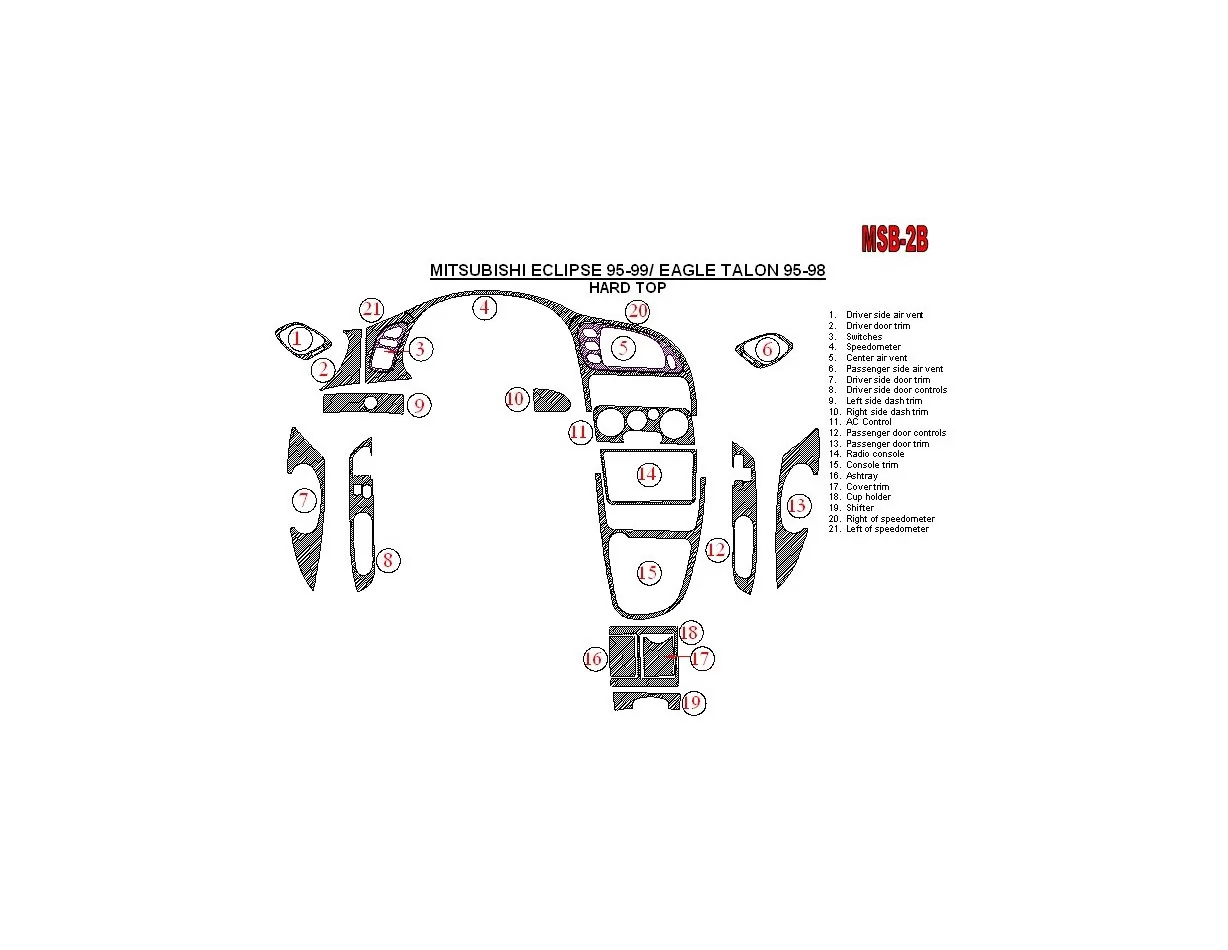 Mitsubishi Spyder 1995-1999 Mäkká strecha-Kupé, 21 súprava dielov Interiér BD Dash Trim Kit Kit - 1