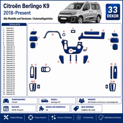Citroën Berlingo K9 2018-Present 3D Sada Dekorov Interiéru Palubnej Dosky 33-dielna Automatická Prevodovka