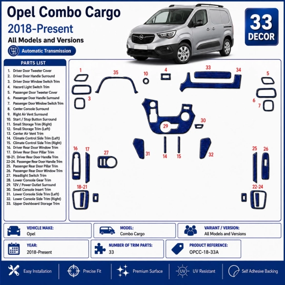 Opel Combo Cargo 2018-Present 3D Sada Dekorov Interiéru Palubnej Dosky 33-dielna Automatická Prevodovka