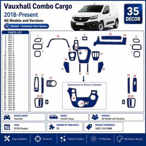 Vauxhall Combo Cargo 2018-Present 3D Sada Dekorov Interiéru Palubnej Dosky 35-dielna Manuálna + Automatická Voľba