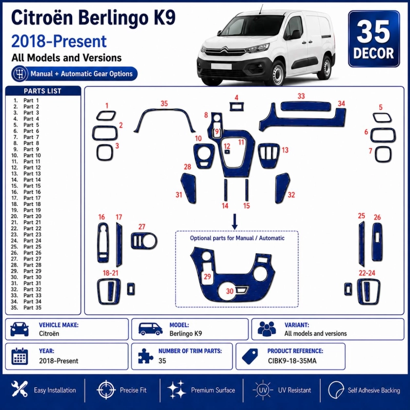 Citroën Berlingo K9 2018-Present 3D Sada Dekorov Interiéru Palubnej Dosky 35-dielna Manuálna + Automatická Voľba