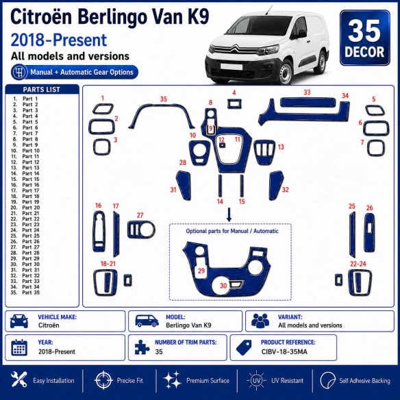 Citroën Berlingo Van K9 2018-Present 3D Sada Dekorov Interiéru Palubnej Dosky 35-dielna Manuálna + Automatická Voľba