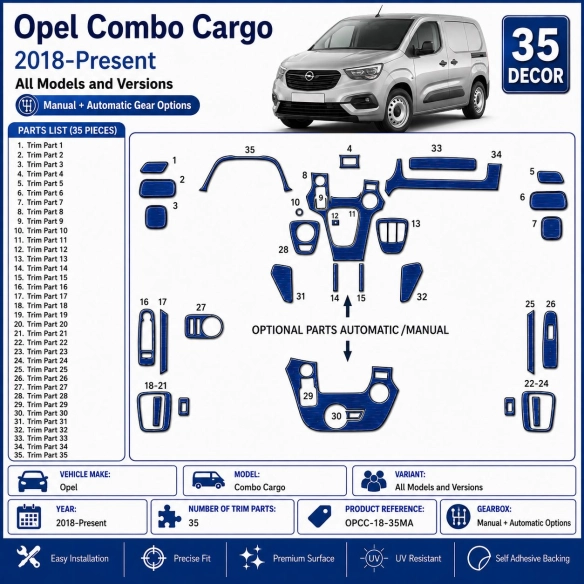 Opel Combo Cargo 2018-Present 3D Sada Dekorov Interiéru Palubnej Dosky 35-dielna Manuálna + Automatická Voľba
