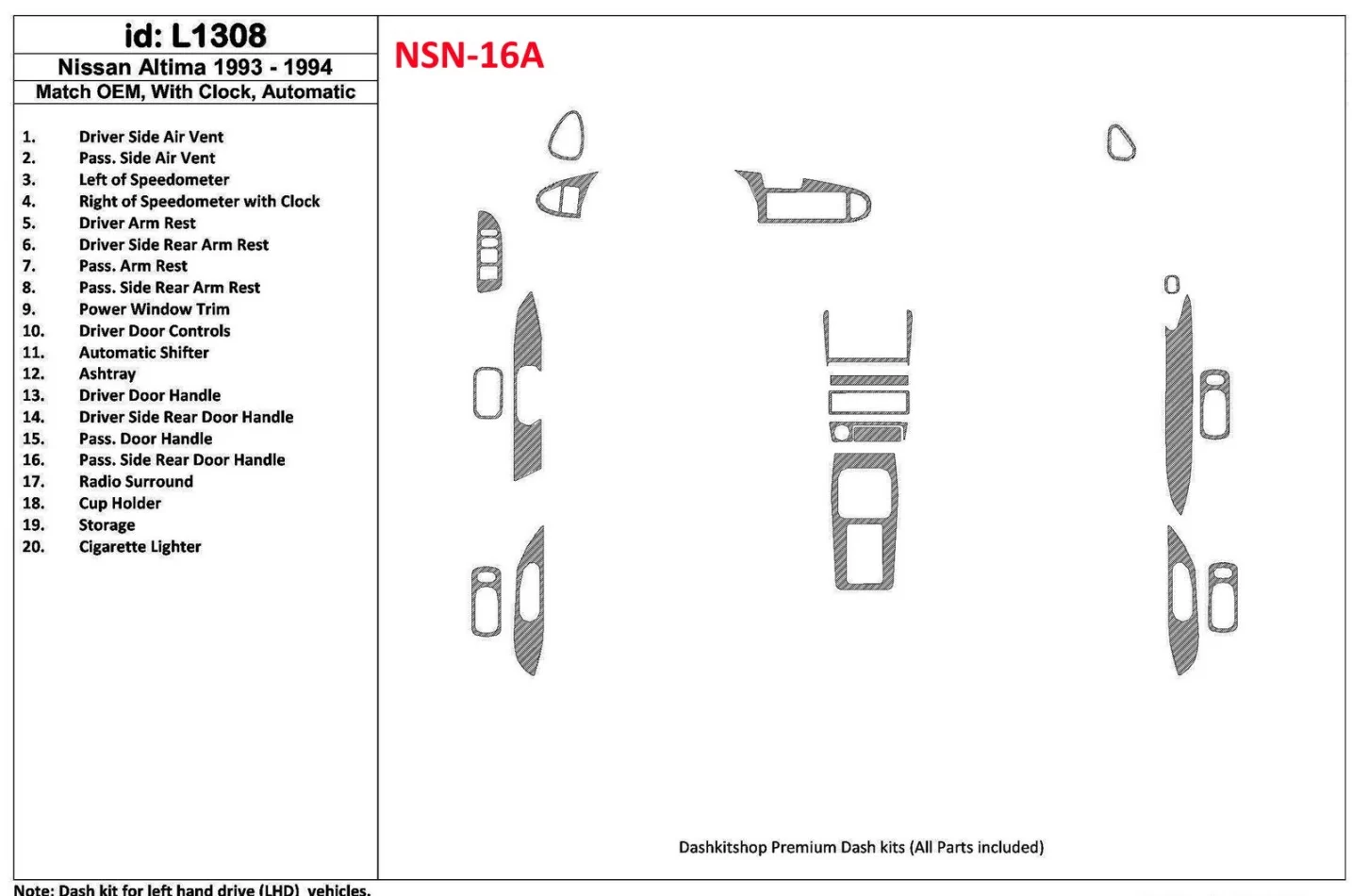Nissan Altima 1993-1994 Automatická prevodovka, S hodinkami, OEM Match, Súprava 19 dielov Interiér BD Dash Trim Kit - 1