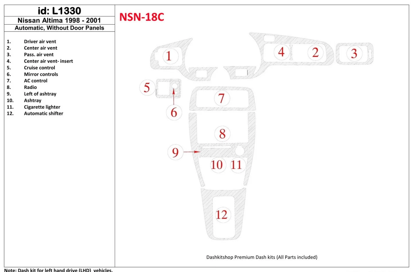 Nissan Altima 1998-2001 automatická prevodovka, bez panelov dverí, sada 12 dielov Interiér BD Dash Trim Kit - 1