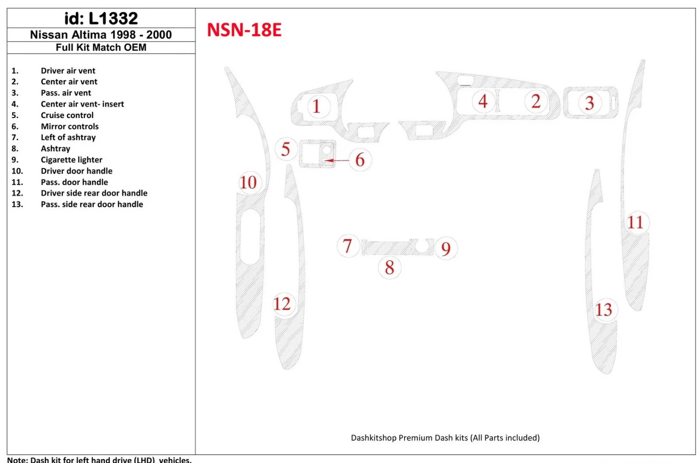 Nissan Altima 1998-2001, kompletná sada, OEM zhoda, sada 13 dielov Interiér BD Dash Trim Kit - 1