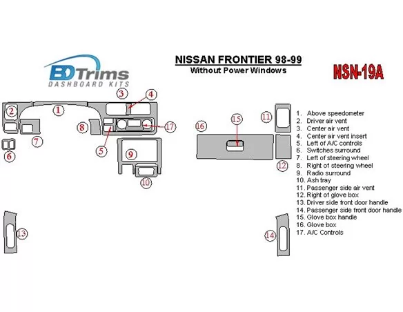 Nissan Frontier 1998-1999 Bez elektricky ovládaných okien interiéru BD Dash Trim Kit - 1