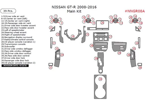 Nissan GT-R 2008-2016 hlavná súprava vnútornej palubnej dosky, 39 ks - 1