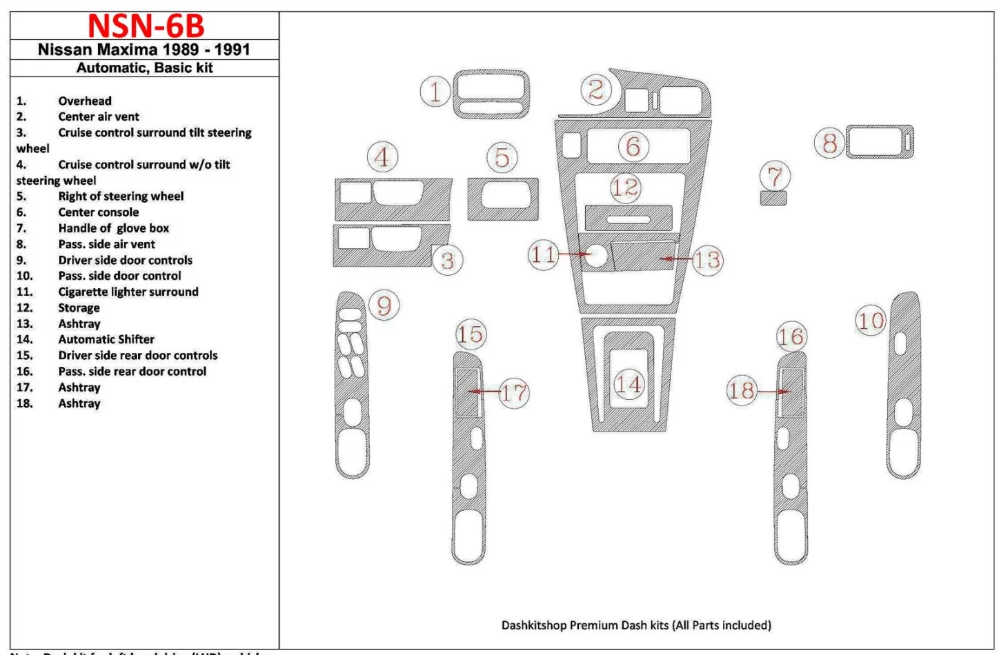Nissan Maxima 1989-1991 základná sada, automatická prevodovka, sada 18 dielov Interiér BD Dash Trim Kit - 1