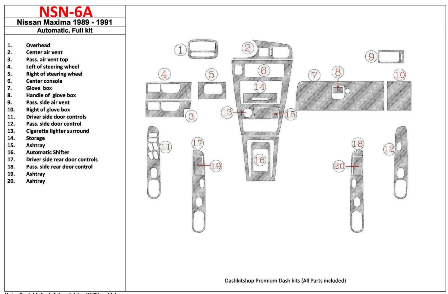 Nissan Maxima 1989-1991 Kompletná sada, automatická prevodovka, sada 20 dielov Interiér BD Dash Trim Kit - 1