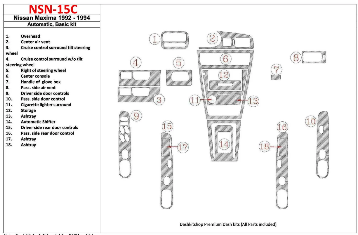 Nissan Maxima 1992-1994 automatická prevodovka, základná sada, sada 18 dielov Interiér BD Dash Trim Kit - 1