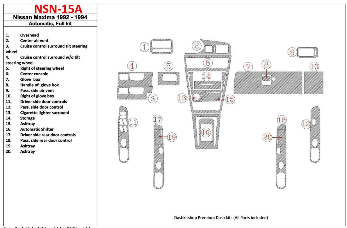 Nissan Maxima 1992-1994 automatická prevodovka, kompletná sada, sada 20 dielov Interiér BD Dash Trim Kit - 1