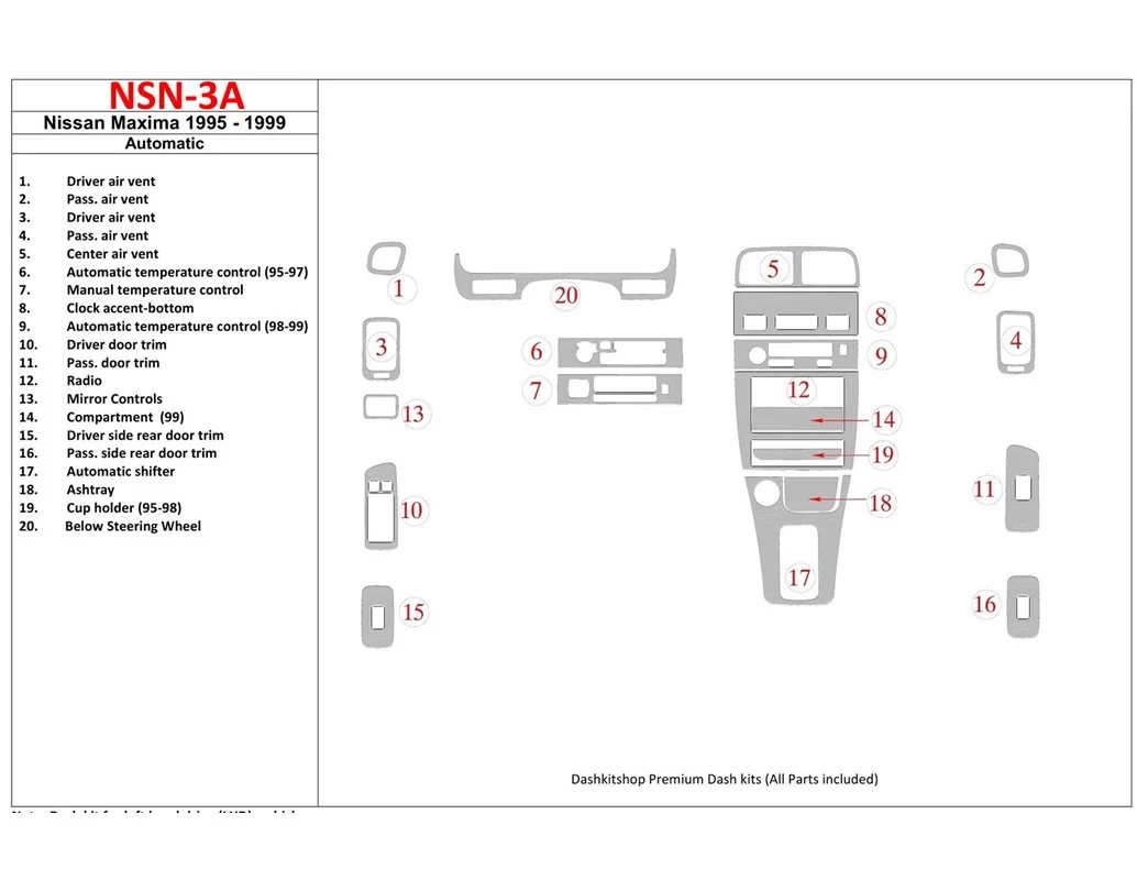 Nissan Maxima 1995-1999 automatická prevodovka, sada 21 dielov Interiér BD Dash Trim Kit - 1