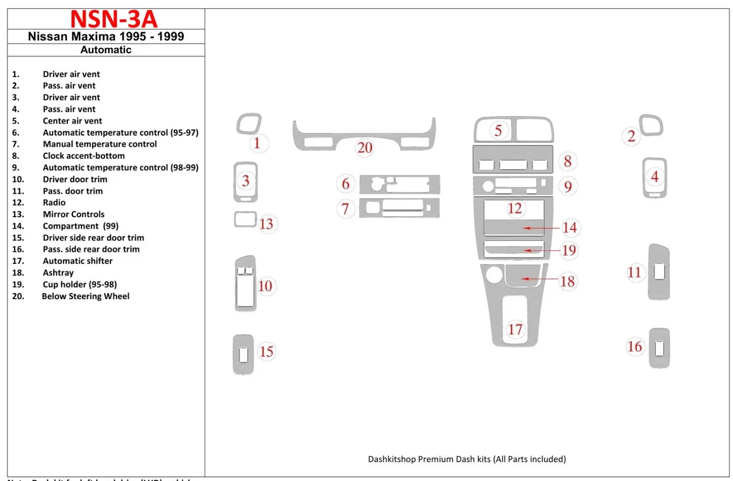 Nissan Maxima 1995-1999 automatická prevodovka, sada 21 dielov Interiér BD Dash Trim Kit - 1