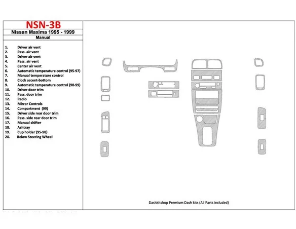 Nissan Maxima 1995-1999 manuálna prevodovka, sada 21 dielov Interiér Súprava obloženia palubnej dosky BD - 1