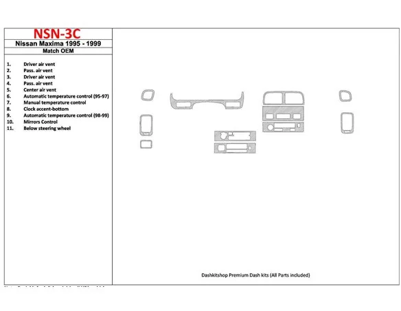 Nissan Maxima 1995-1999 zhoda OEM, 12 súprava dielov Interiér BD Dash Trim Kit - 1