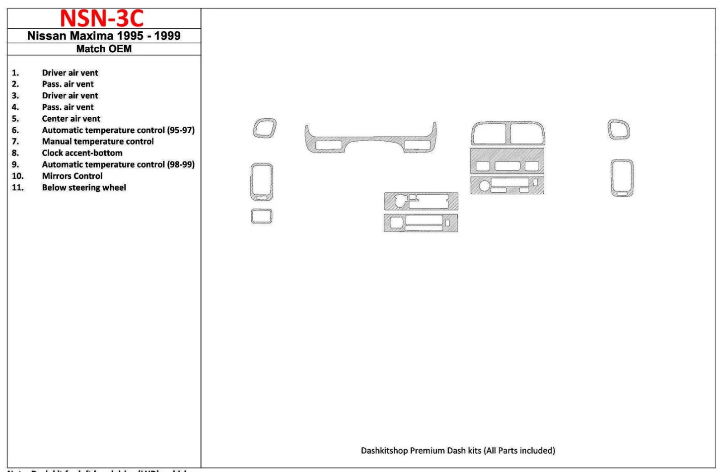 Nissan Maxima 1995-1999 zhoda OEM, 12 súprava dielov Interiér BD Dash Trim Kit - 1