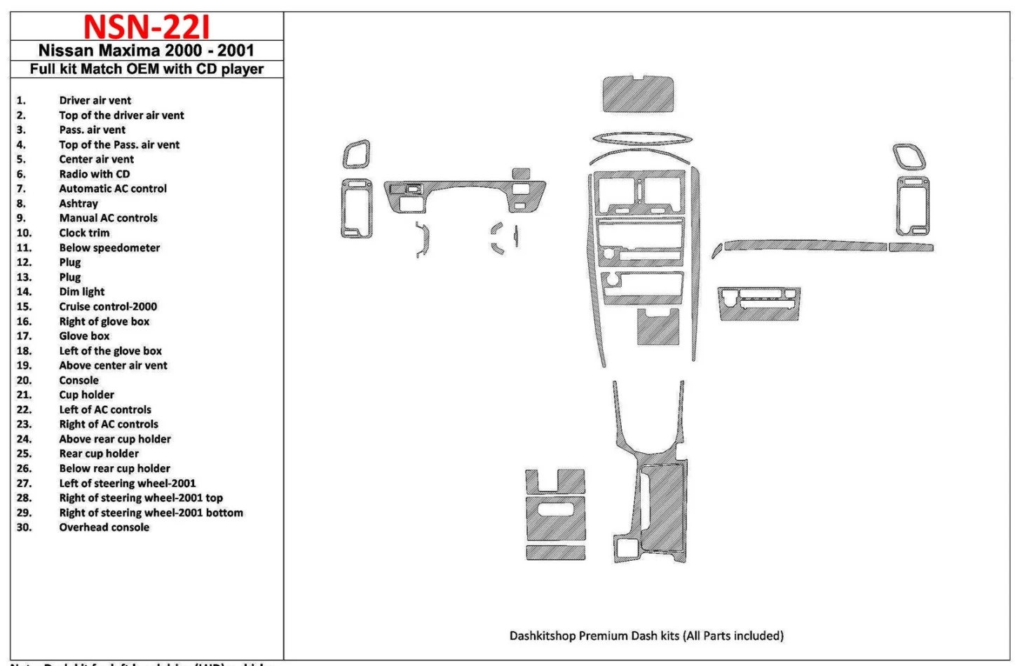Nissan Maxima 2000-2001 Dverové panely, sada 4 dielov Interiér BD Dash Trim Kit - 1