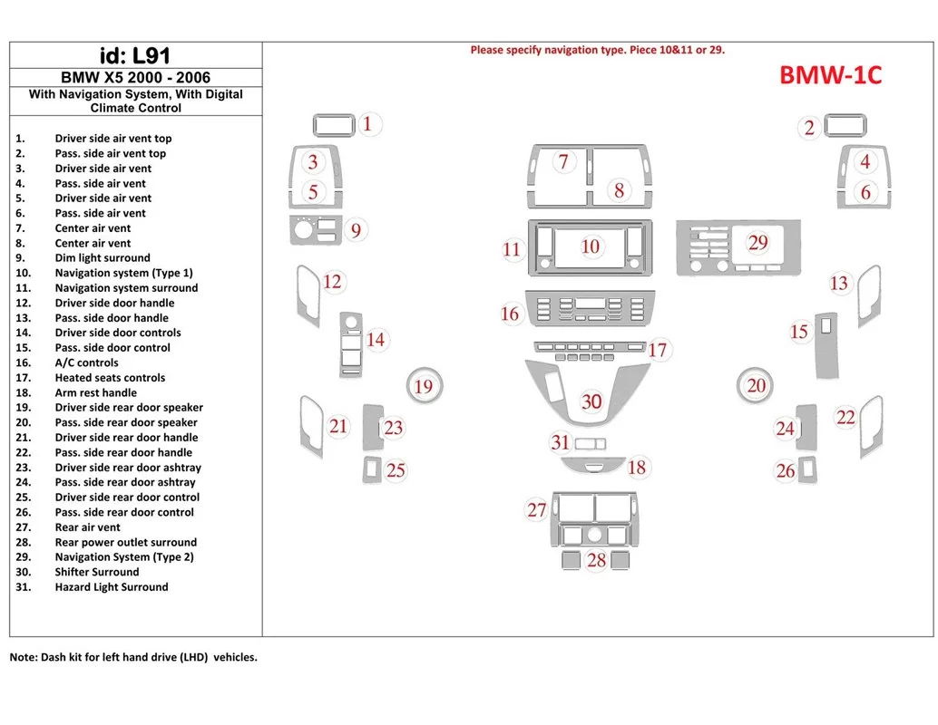 BMW X5 2000-2006 so systémom NAVI Interiér BD Dash Trim Kit - 1