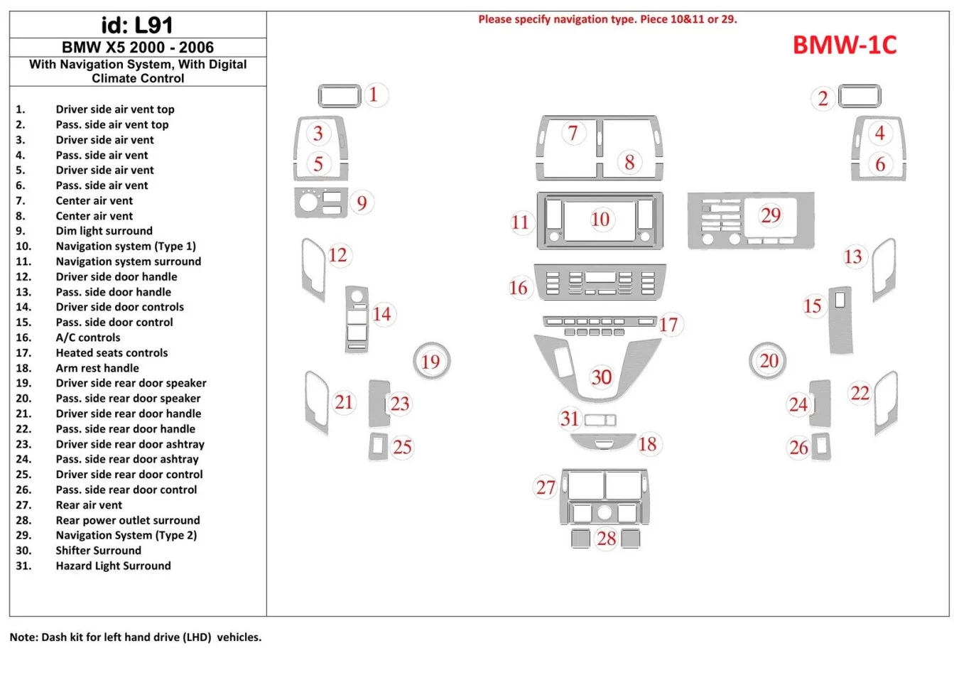 BMW X5 2000-2006 so systémom NAVI Interiér BD Dash Trim Kit - 1