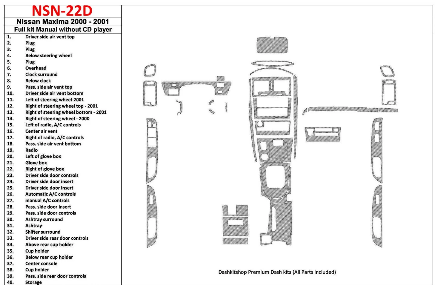 Nissan Maxima 2000-2001 kompletná sada, manuálna prevodovka, rádio bez CD prehrávača, sada 40 dielov Interiér BD Dash Trim Kit -