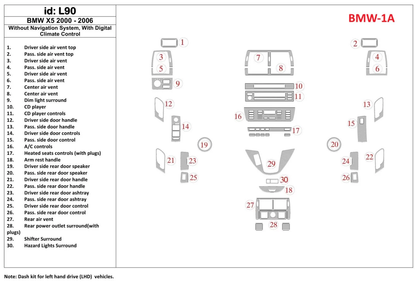 BMW X5 2000-2006 Bez systému NAVI, Automatická prevodovka AC Ovládanie interiéru BD Dash Trim Kit - 1