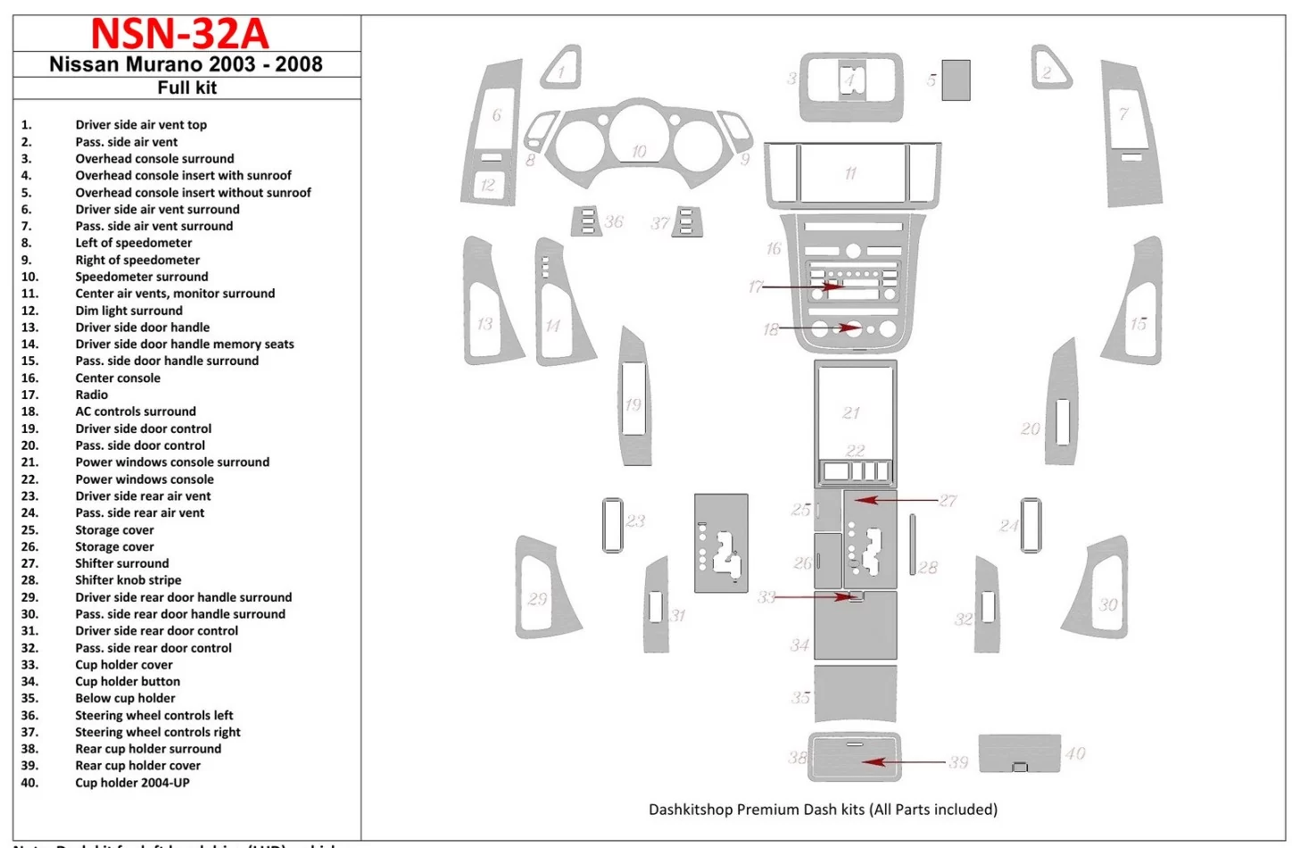 Nissan Murano 2003-2008 Kompletná súprava interiéru BD Dash Trim Kit - 1