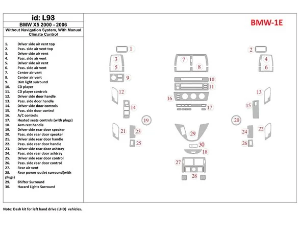 BMW X5 2000-2006 bez systému NAVI, manuálna prevodovka AC ovládanie interiéru BD Dash Trim Kit - 1
