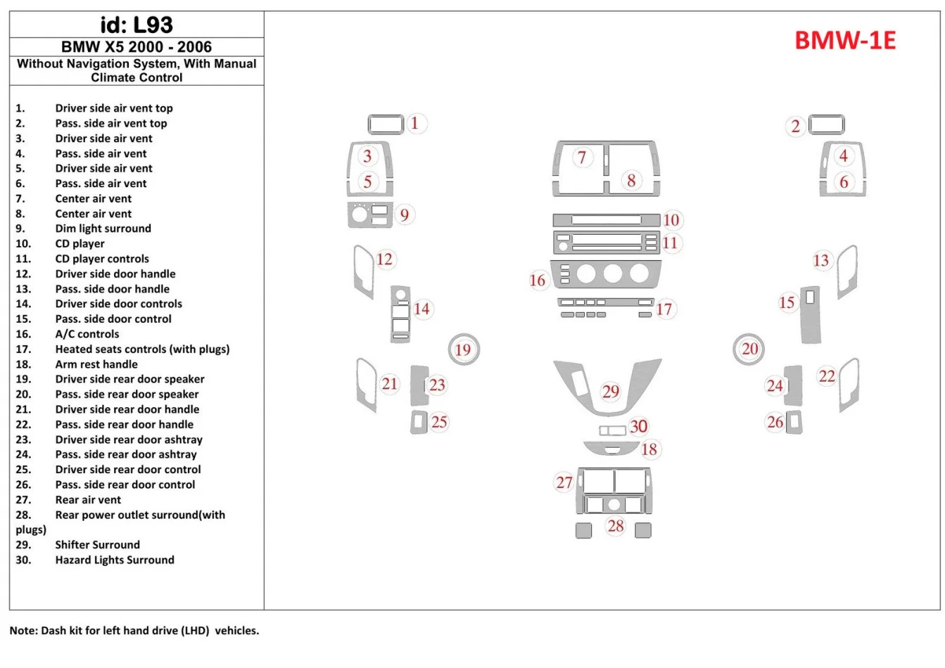 BMW X5 2000-2006 bez systému NAVI, manuálna prevodovka AC ovládanie interiéru BD Dash Trim Kit - 1