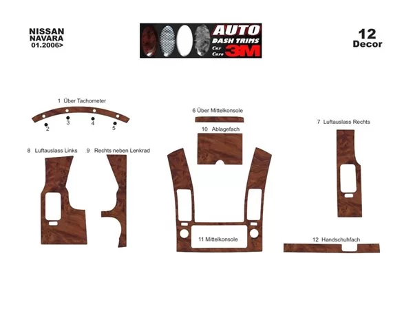 Nissan Navara D40 02.06-12.10 Súprava obloženia palubnej dosky 3D interiéru Dekorácia palubnej dosky 12 dielov
