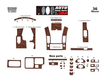 Nissan Navara D40 02.06-12.10 Súprava obloženia palubnej dosky 3D interiéru Dekorácia palubnej dosky 36 dielov