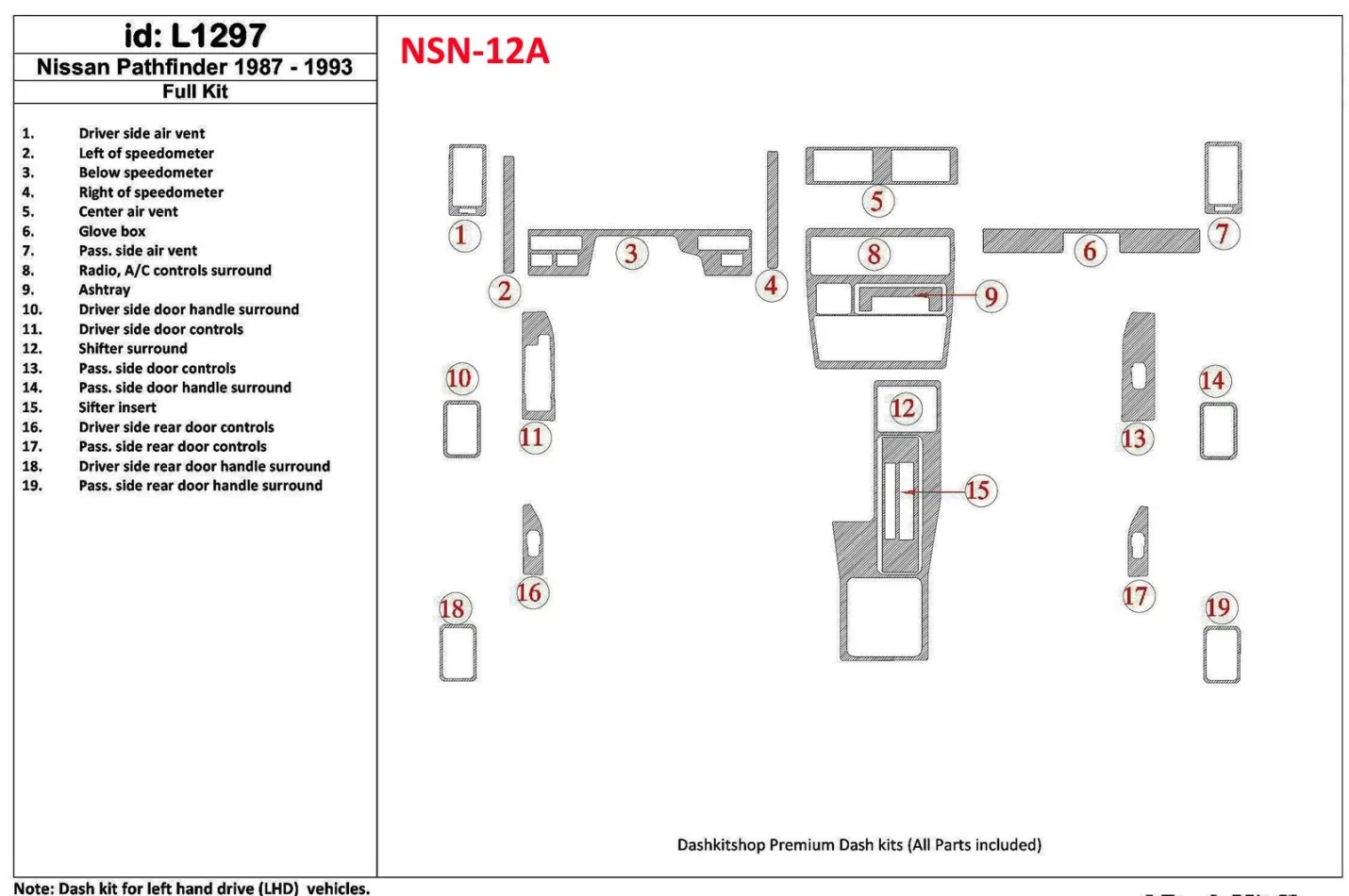 Nissan Pathfinder 1987-1993 Kompletná sada, 19 dielov Súprava interiéru BD Dash Trim Kit - 1