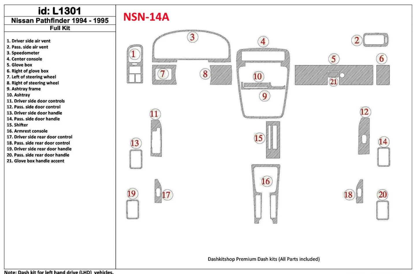 Nissan Pathfinder 1994-1995 Kompletná sada, 21 dielov Súprava interiéru BD Dash Trim Kit - 1