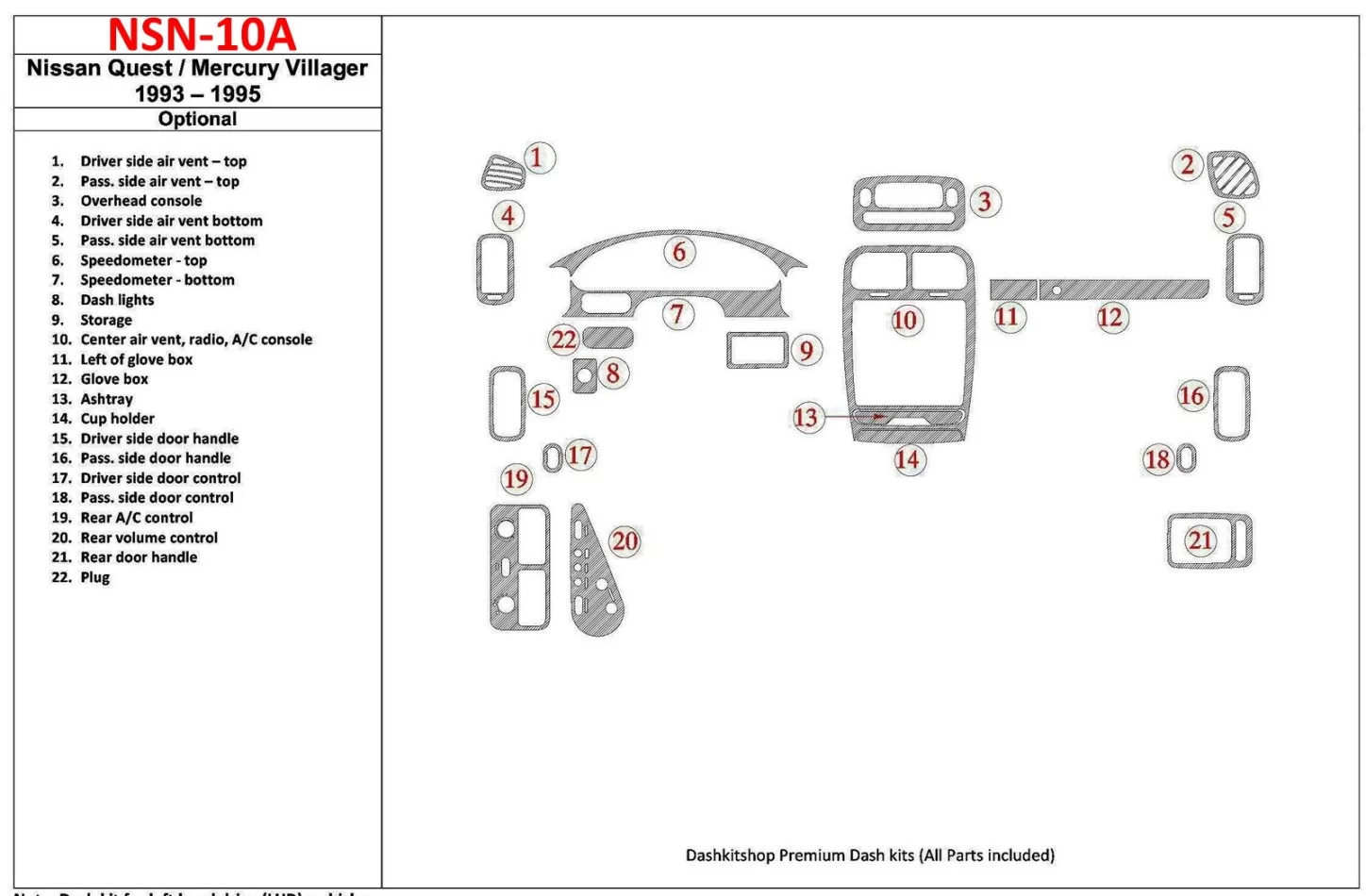 Nissan Quest 1993-1995 Kompletná sada, 21 dielov Súprava interiérovej výbavy BD Dash - 1