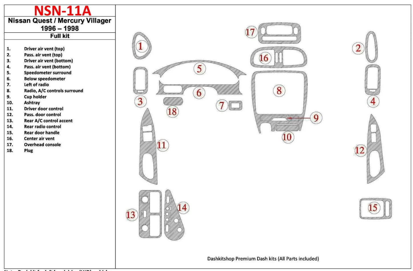 Nissan Quest 1996-1998 Kompletná sada, 17 dielov Súprava interiéru BD Dash Trim Kit - 1