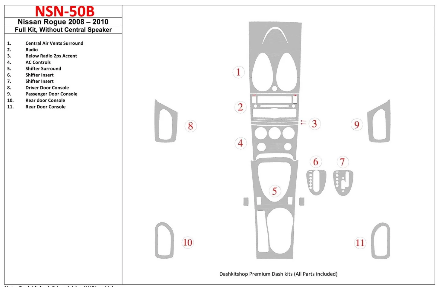 Kompletná sada Nissan Roque 2008-2010, bez interiéru stredového reproduktora BD Dash Trim Kit - 1
