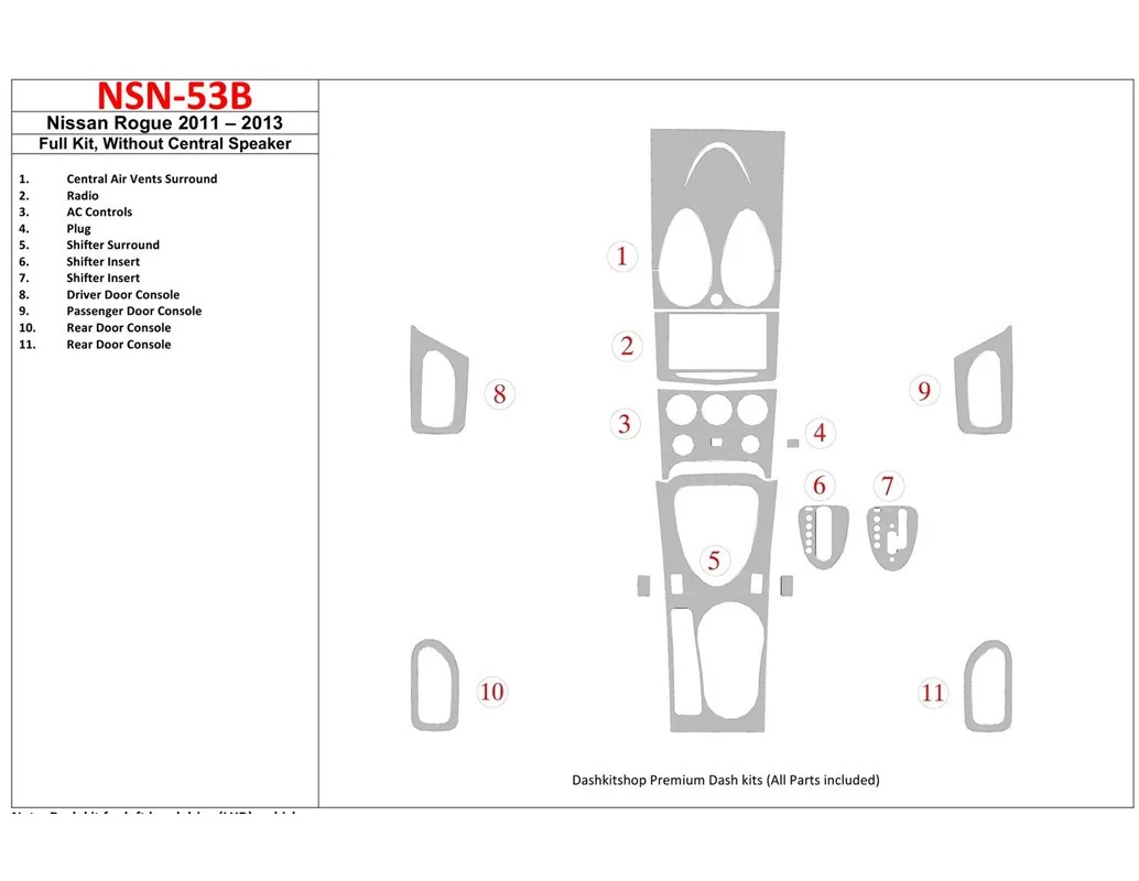 Úplná súprava Nissan Roque 2011-UP, bez interiéru stredového reproduktora BD Dash Trim Kit - 1