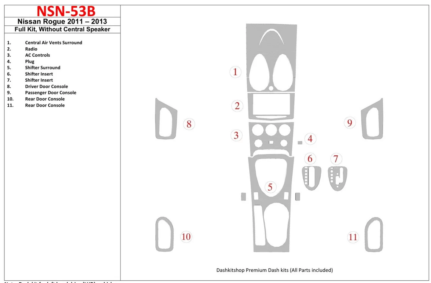 Úplná súprava Nissan Roque 2011-UP, bez interiéru stredového reproduktora BD Dash Trim Kit - 1