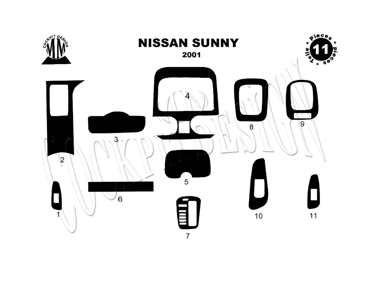 Nissan Sunny 01.2001 Súprava obloženia palubnej dosky 3D interiéru Dekorácia palubnej dosky 11 dielov - 1