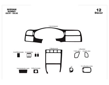 Nissan Sunny 09.91-09.95 3D súprava obloženia palubnej dosky interiéru 12-dielna súprava obloženia palubnej dosky