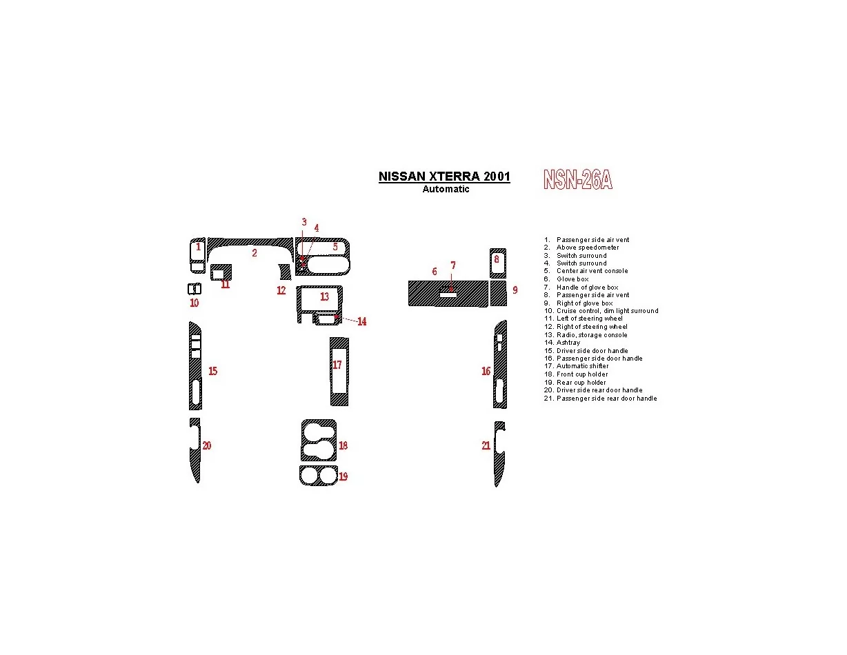 Nissan Xterra 2001-2001 Automatická prevodovka Sada 21 dielov Interiér Súprava obloženia palubnej dosky BD - 1