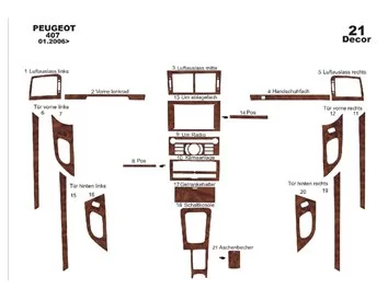 Peugeot 407 Dvere 06.05-12.10 3D Súprava obloženia palubnej dosky interiéru Dekorácia palubnej dosky 21 dielov - 1