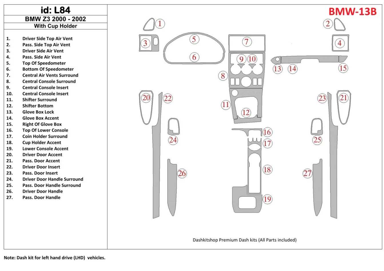 BMW Z3 2000-2003 S držiakom na sklo Interiér BD Dash Trim Kit - 1