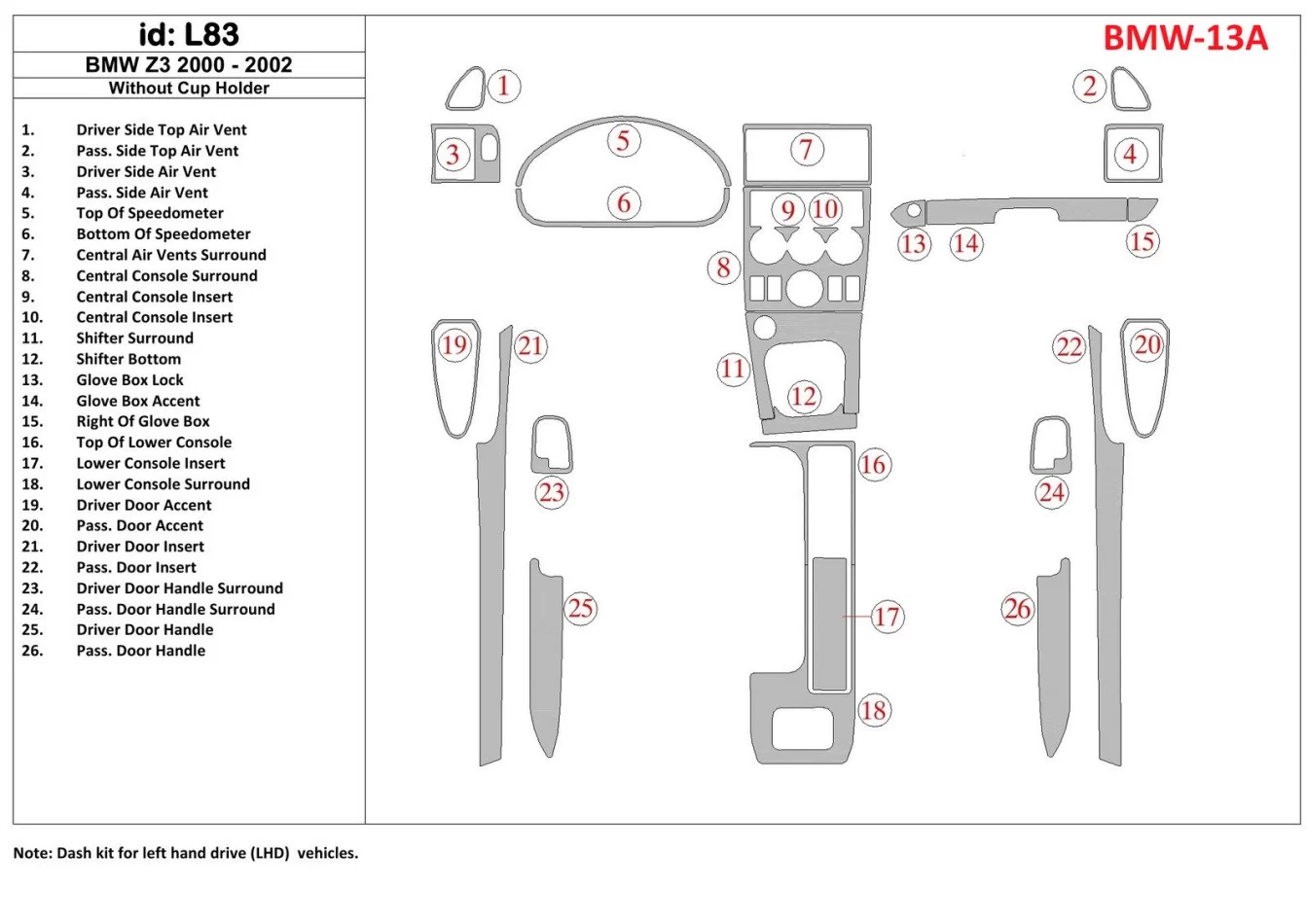 BMW Z3 2000-2003 Bez držiaka skla Interiér BD Dash Trim Kit - 1
