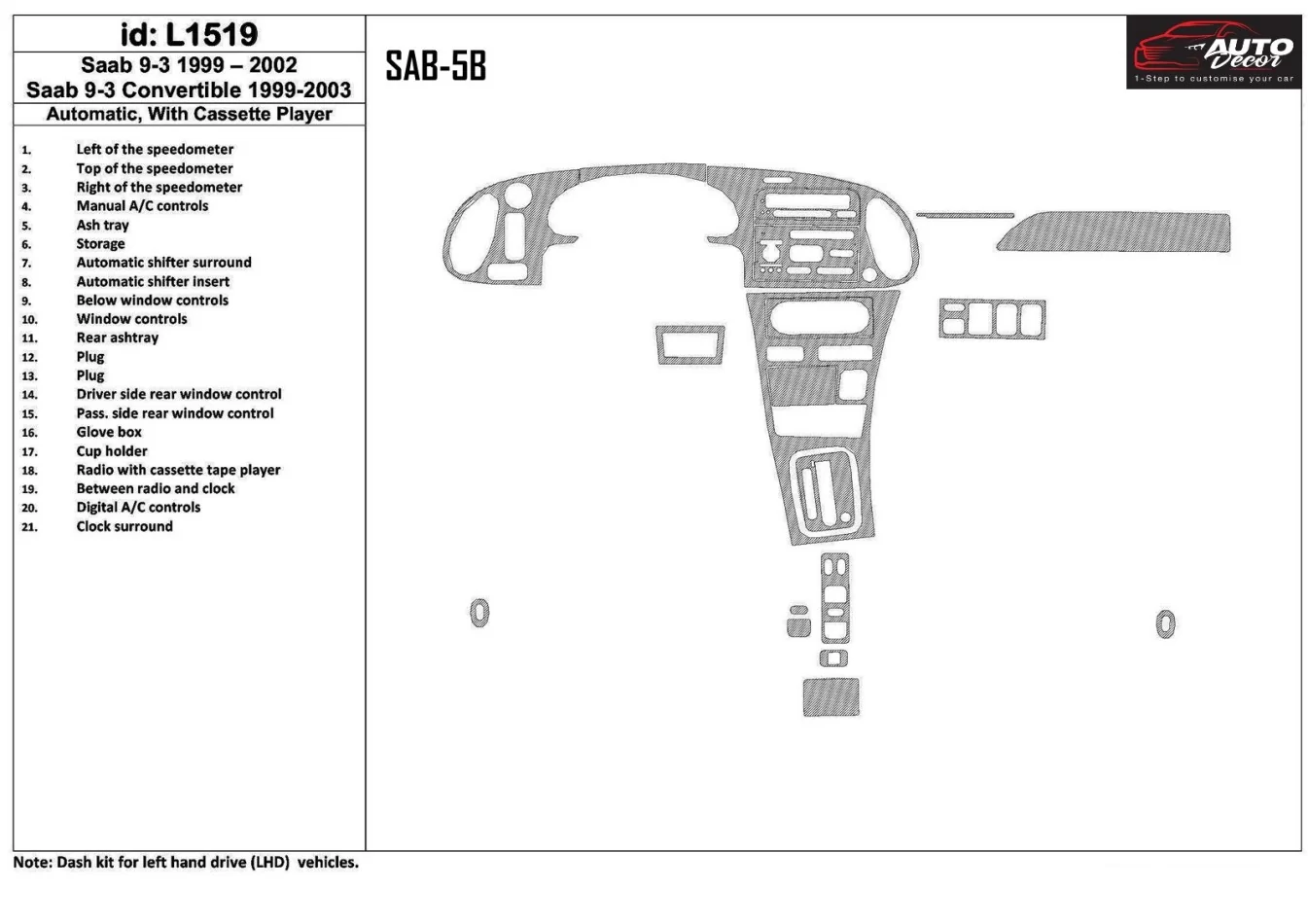 Saab 9-3 1999-2002 Automatická prevodovka, S kompaktným kazetovým prehrávačom, Bez OEM, Súprava 21 dielov Interiér BD Dash Trim 